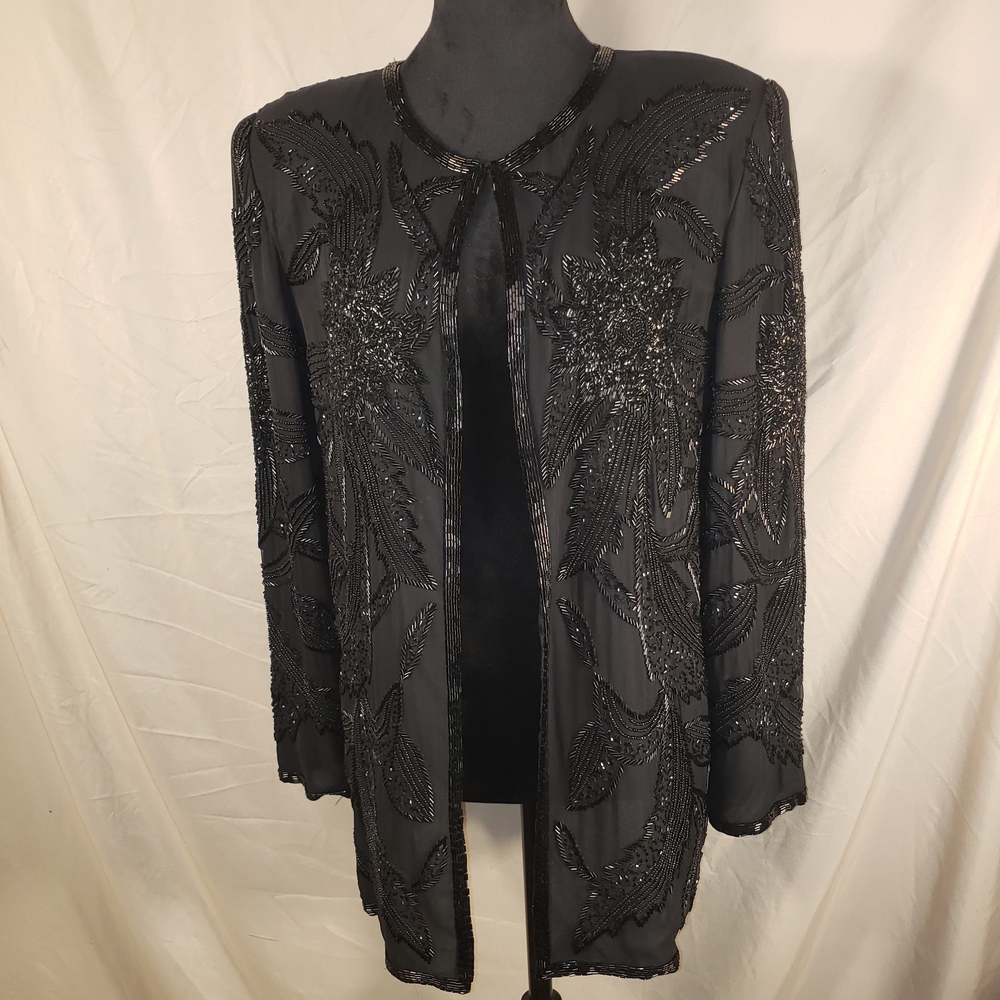 Jasjas Designs Women's Beaded Black Silk Evening Jacket Open Front Coat - S